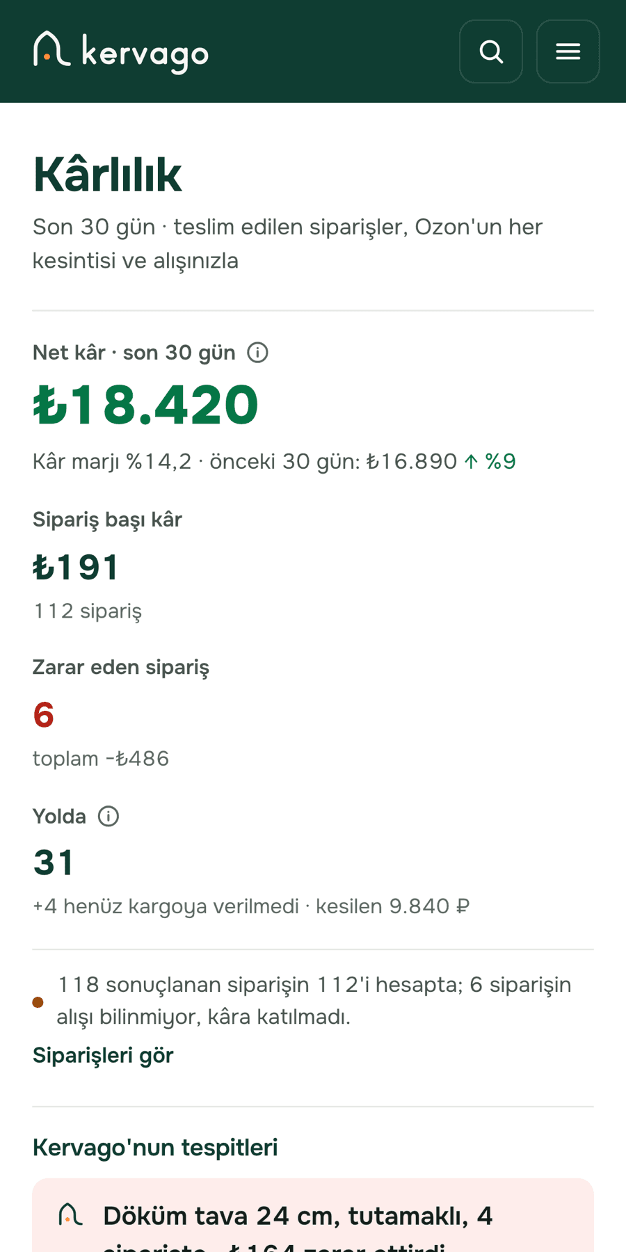 Telefonda: Kervago Kârlılık, son 30 gün: net kâr, kâr marjı ve önceki 30 güne göre değişim; sipariş başı kâr, zarar eden sipariş, yolda; güven satırı ve Kervago'nun üç tespiti