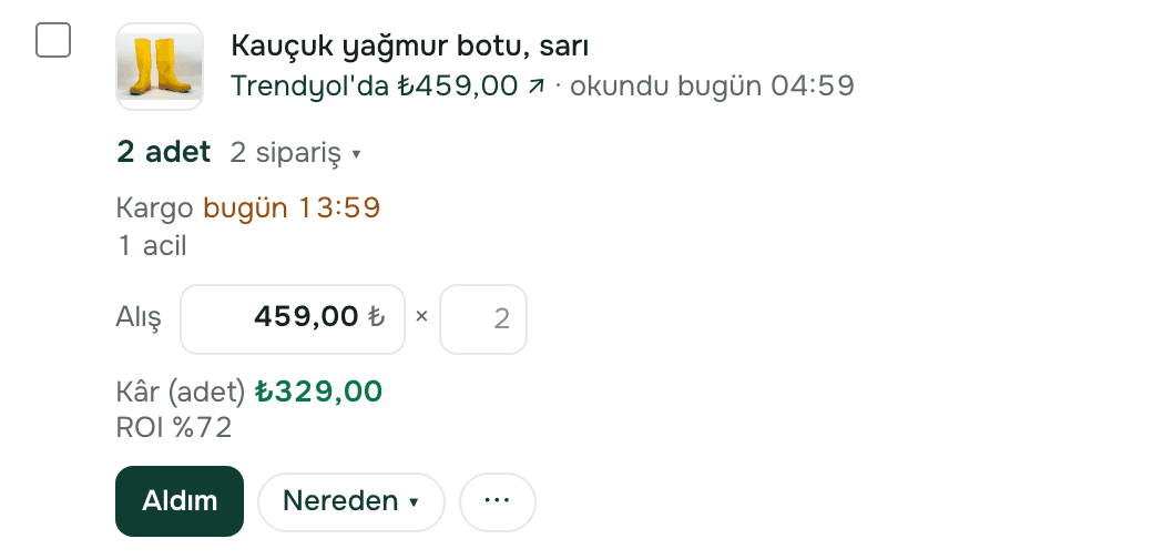 Kervago Sipariş ve tedarik satırı: kauçuk yağmur botu, 2 adet, kargo bugün 13:59, alış 459 ₺, kâr ₺329, ROI %72; Aldım ve Nereden düğmeleri. Örnek mağaza.