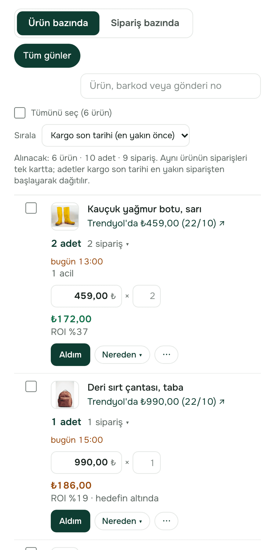 Telefonda: Kervago Sipariş ve tedarik, ürün bazında alım listesi: kauçuk yağmur botu 2 adet, kargo bugün, Trendyol'daki fiyat, kâr ve ROI; her satırda Aldım ve Nereden düğmeleri